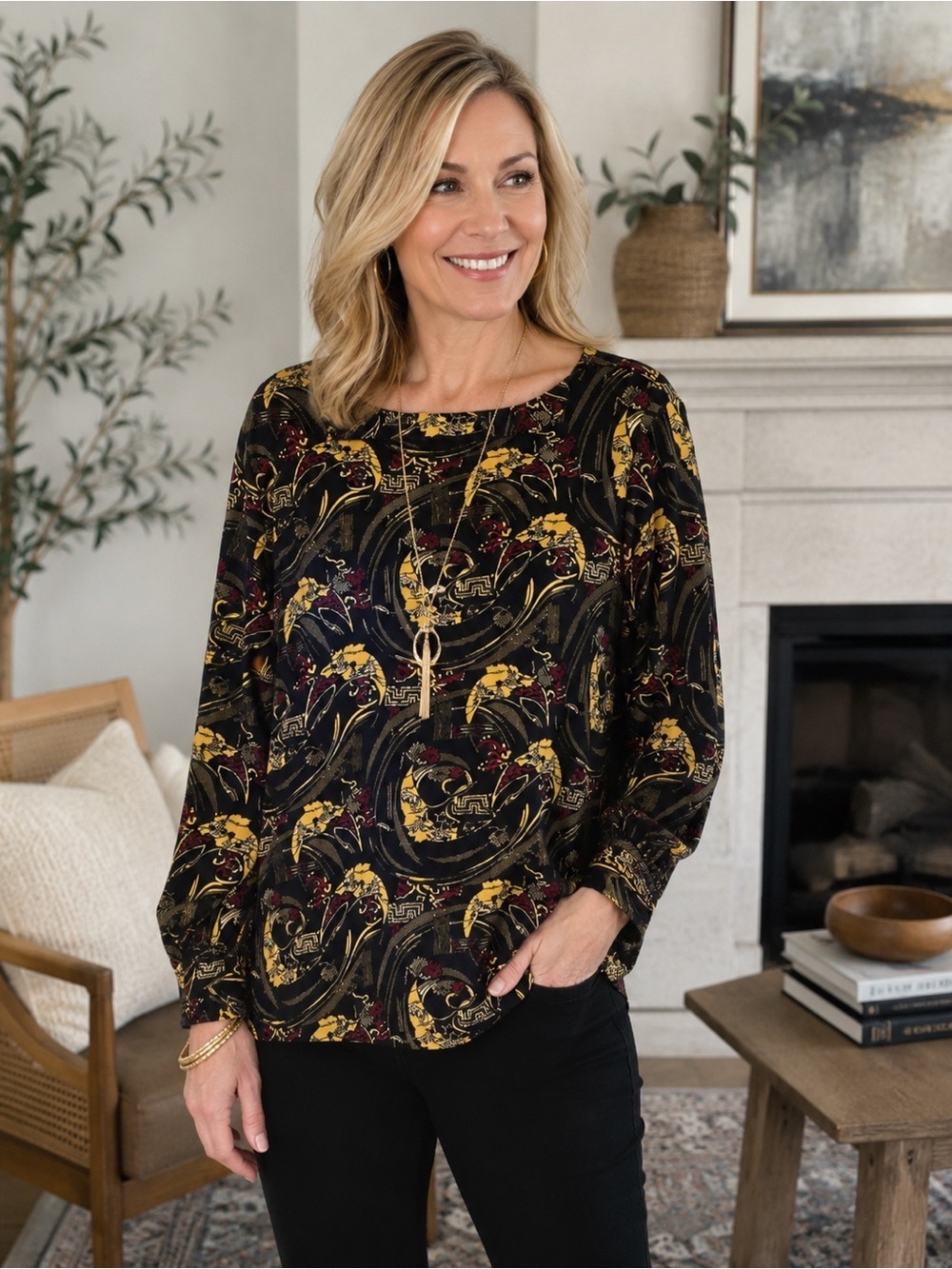 Chico's Long Sleeve Top Womens Oriental Geometric All Over Print Maximalist XL
